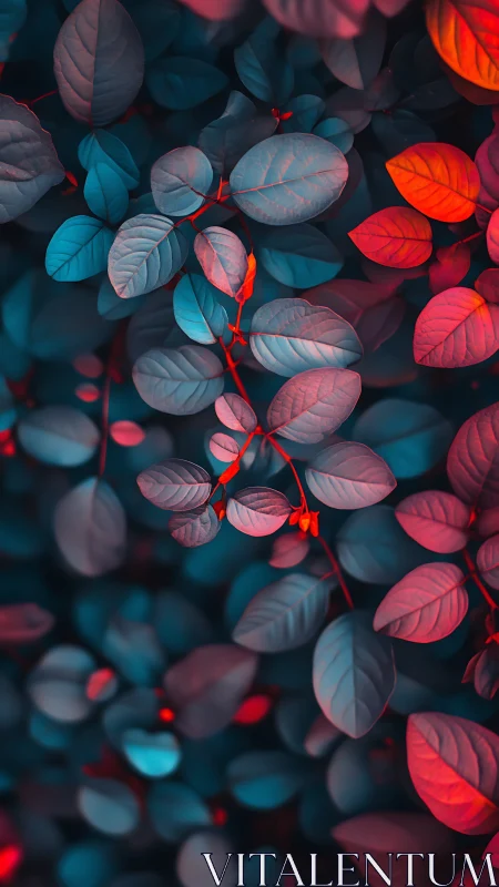 Neon-tinted foliage under dramatic dual-tone lighting.