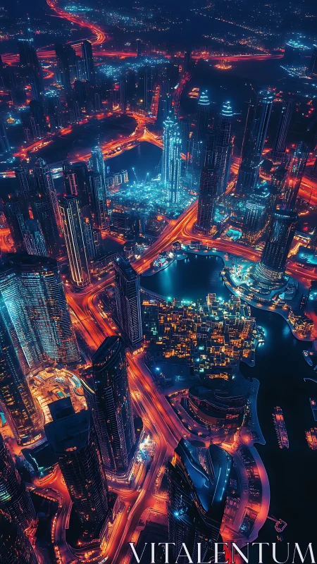Neon soaked futuristic city skyline at night from above.