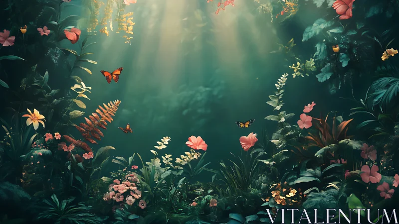 Butterflies move through dense, softly lit forest flowers