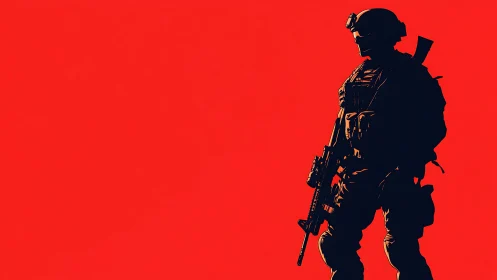 Silhouetted modern soldier stands against stark red field
