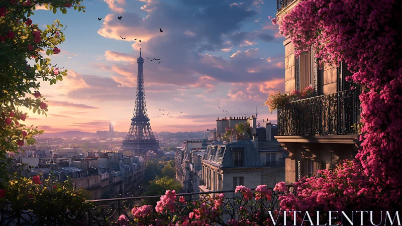 Romantic Paris balcony frames the Eiffel Tower at sunset