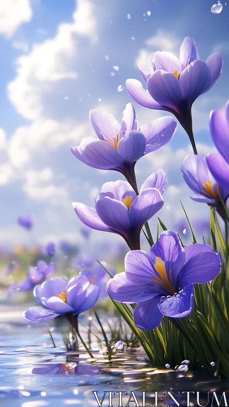 Purple Crocus Flowers Blooming in Water Under Blue Sky