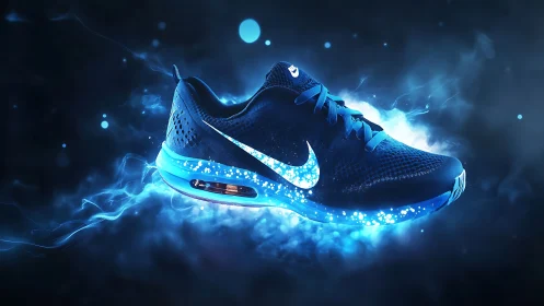 Neon-charged sneaker streaks through electric midnight haze