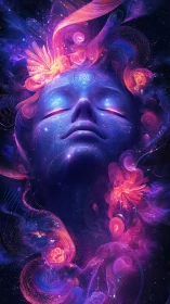 Cosmic dreamer glows in swirling neon galaxies of light