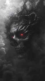 Stormy skull of roots gazes out with eerie ember eyes