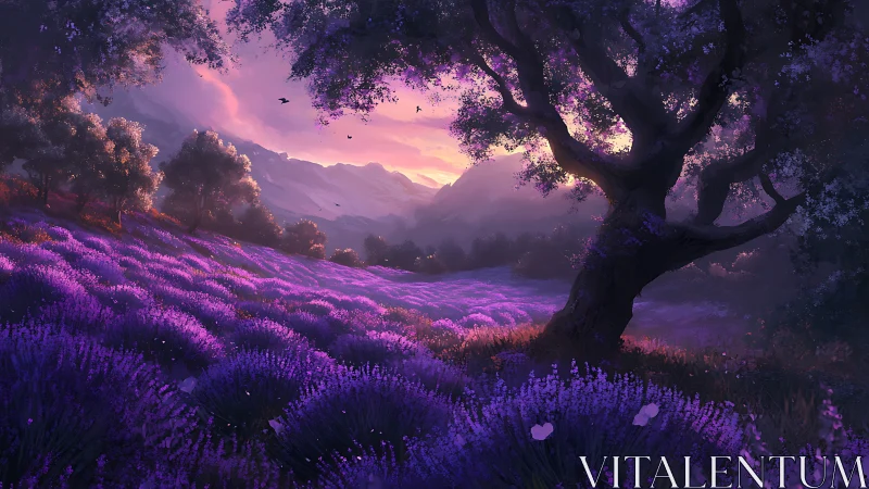 Twilight lavender valley unfolds beneath a silhouetted ancient tree