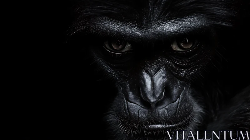 Intense low key portrait of gorilla face in deep shadow.