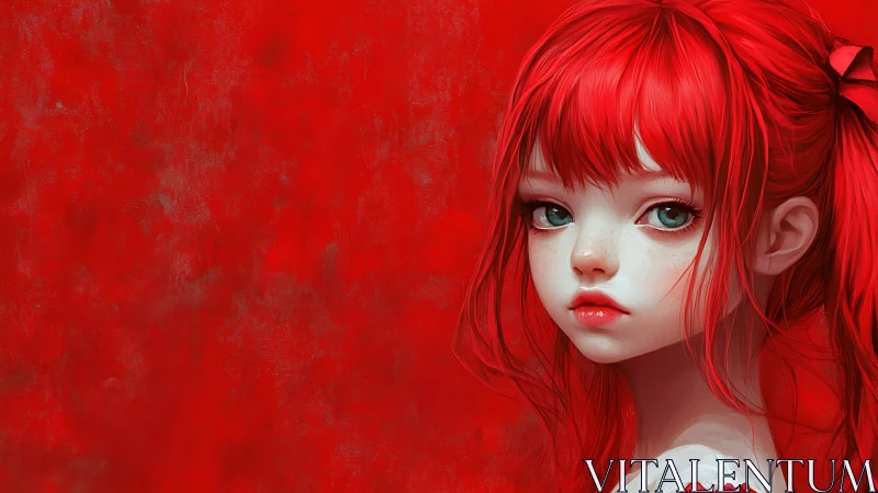 Red haired anime girl portrait on textured crimson backdrop