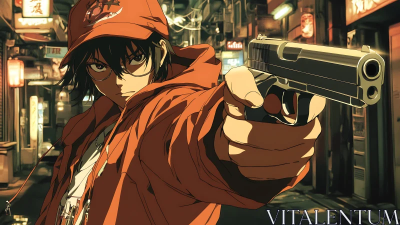 Hooded anime character aims handgun in narrow neon alley