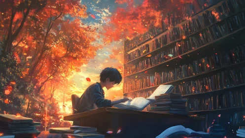 Autumn library of burning leaves and quietly blazing books.