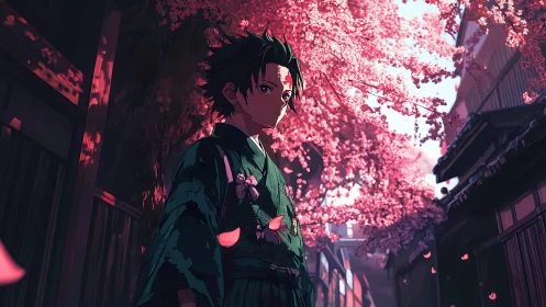Anime youth under cherry blossoms in narrow Edo-style alley