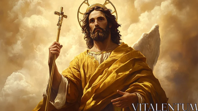 Radiant robed angelic figure stands against luminous clouds