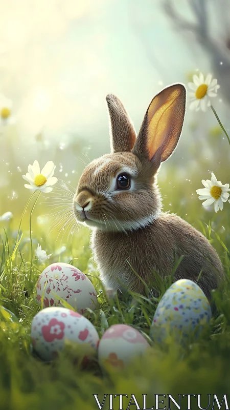 Young rabbit sits among painted eggs in bright meadow