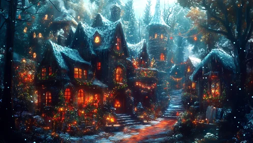 Snow covered village street with lit cottages at night.