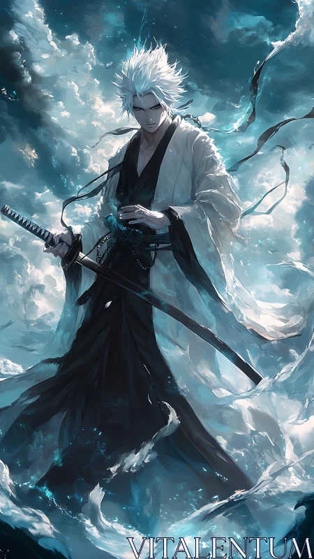 White-haired swordsman amid swirling blue storm clouds.