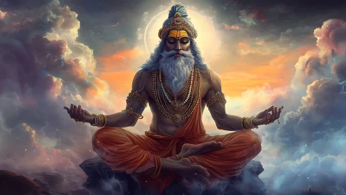 Divine sage in levitating lotus pose amid volumetric sunset clouds