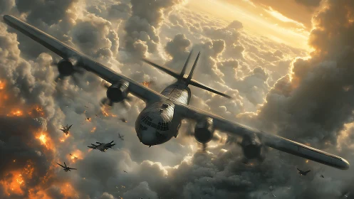 Strategic bomber penetrates turbulent cumulonimbus under combat fire