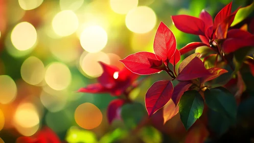 Crimson leaves drift through a carnival of sunlit bokeh