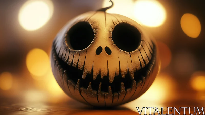 Grinning carved skull pumpkin in cinematic bokeh lighting.