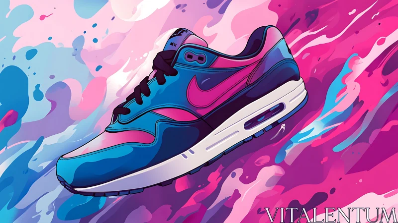 Vibrant sneaker illustration floats over neon liquid backdrop
