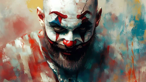 Sinister clown portrait with textured brushwork and high-contrast lighting
