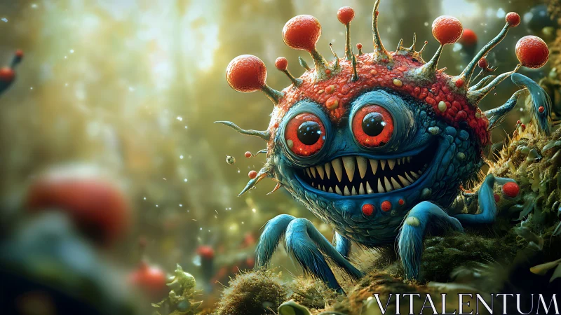Blue multi-limbed creature with red spores occupies forest floor