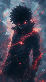 Dark masked anime warrior with glowing red energy aura.