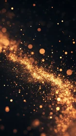 Golden bokeh particle stream forms luminous abstract ribbon