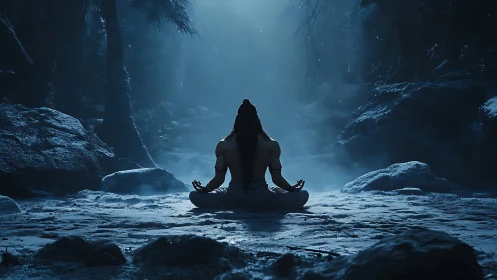 Moonlit ascetic meditating in a misty blue forest cavern.