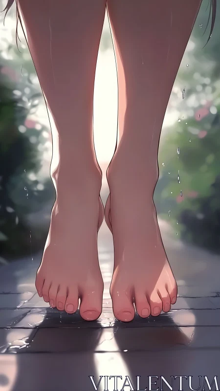 Soft bare feet hover above sunlit wet garden pathway