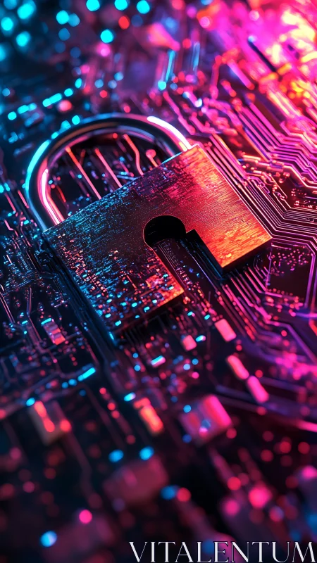 Neon padlock guarding a glittering labyrinth of circuits.