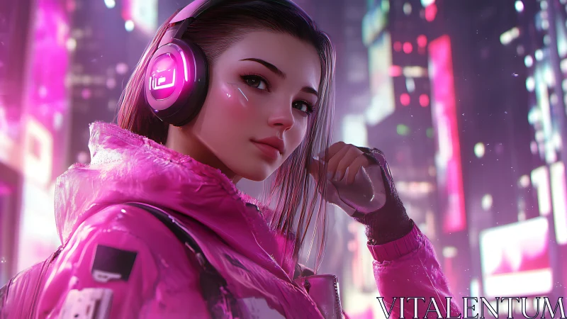 Neon city portrait of gamer girl in reflective pink jacket.