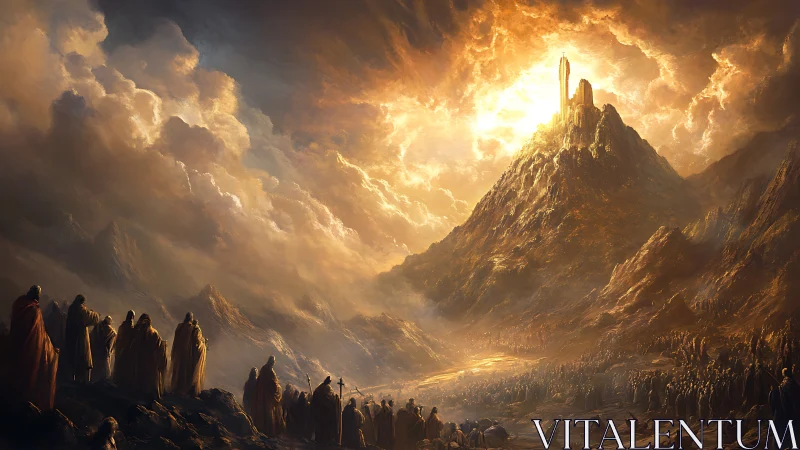Pilgrims climb the sun crowned mountain of burning prophecy