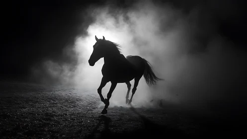 Backlit equine silhouette traversing volumetric ground fog.