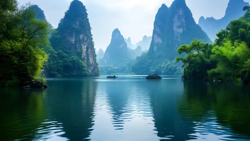 Soft river reflections among misty emerald karst peaks.