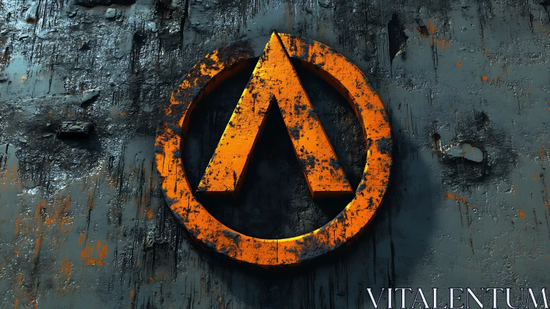 Weathered orange emblem on distressed metallic surface.