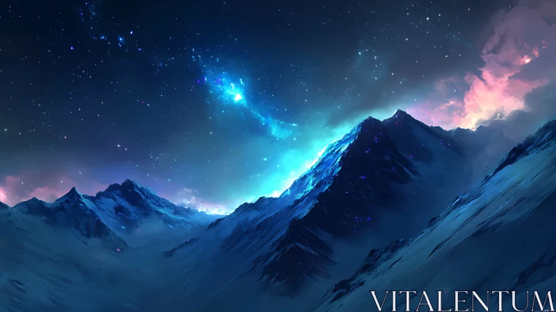 Digital painting of luminescent alpine ridge under nebula sky.