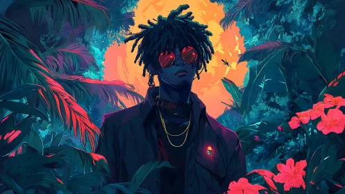 Figure stands before stylized sun within dense tropical foliage