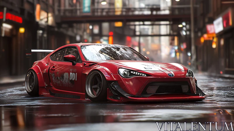 Widebody red tuner car slices through neon city rain.