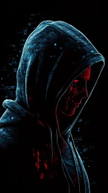 Hooded figure silhouette is rendered with cybernetic line detail