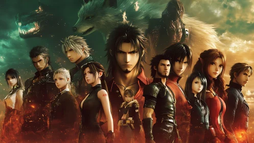 Heroic fantasy ensemble stands united before looming beasts.