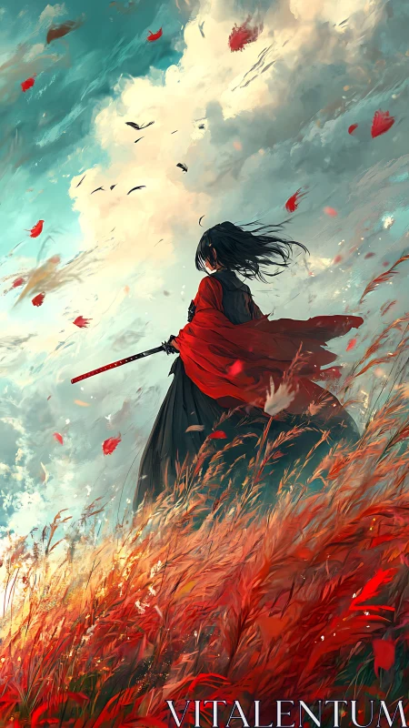 Lone sword wielder in red cloak on a windswept hillside.
