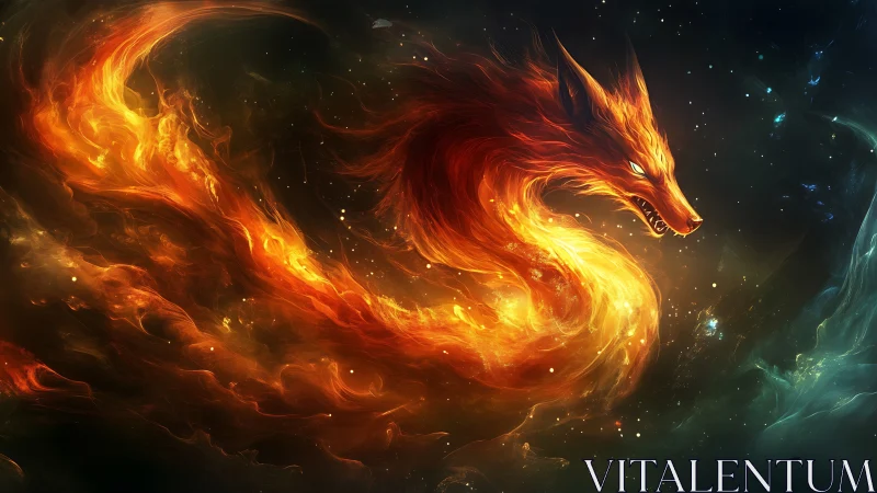 Fiery celestial fox serpent blazes across the cosmic void.
