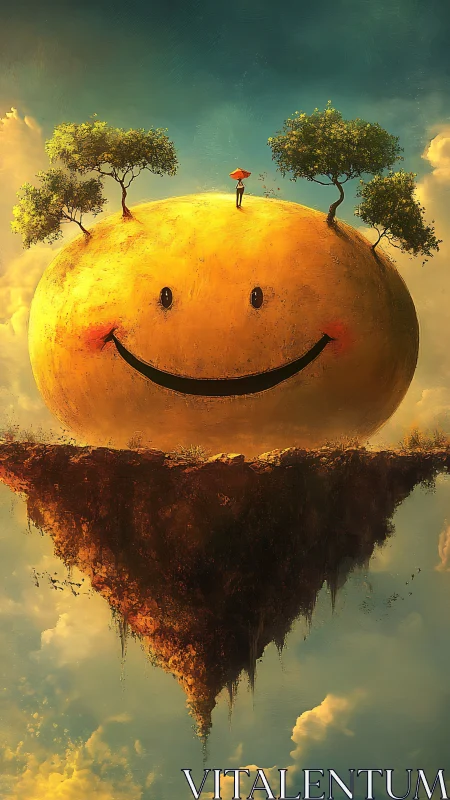 Smiling floating island world with tiny dreamer atop.