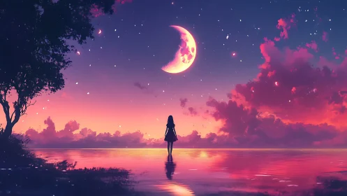 Dreamy crescent moonrise over calm starlit shoreline.