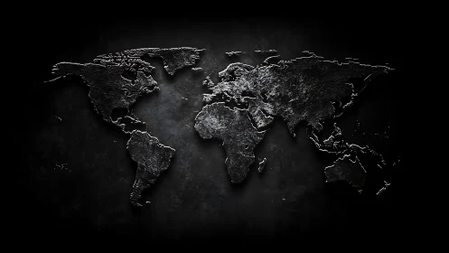 Textured monochrome world map on dark background.