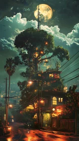 Moonlit cyber treehouse above neon soaked city street.