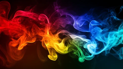 Multicolored smoke waves on black background in motion study.