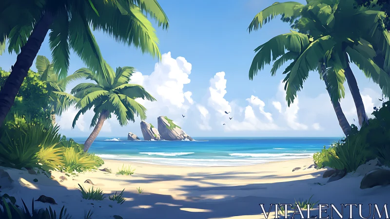 Tropical Beach Cove with Rocky Islets and Palm Framing.