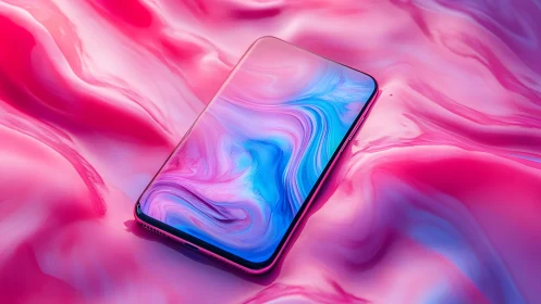 Modern smartphone on vibrant pink and blue abstract liquid background.
